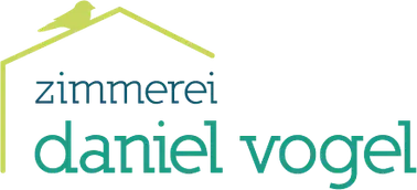 Zimmerei Daniel Vogel Logo mit stilisiertem grün-gelben Dach und blau-grüner Schrift.