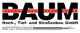 Logo der BAUM GmbH mit rotem Streifen und Kabel, Bau- und Netztechnik-Themen.
