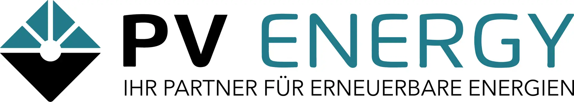 Logo "PV ENERGY", Slogan "Ihr Partner für erneuerbare Energien", Symbol in Schwarz und Türkis.